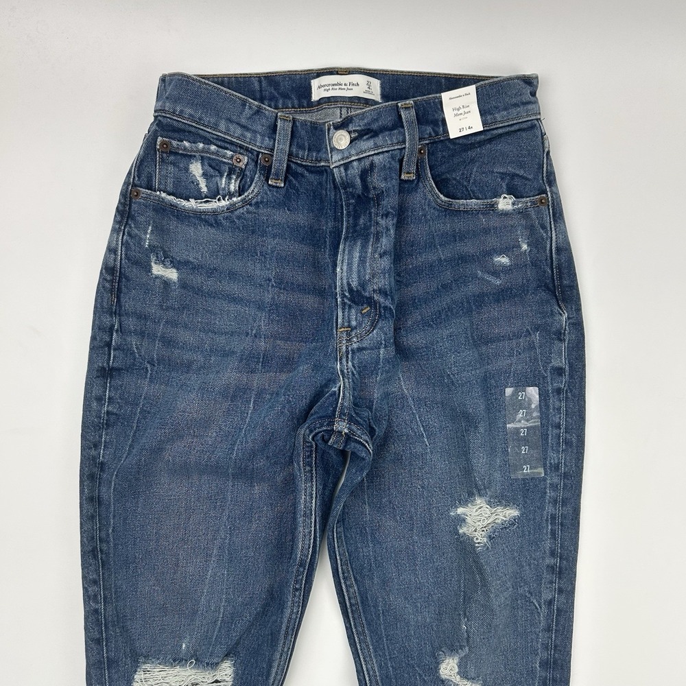 NWT Abercrombie & Fitch High Rise Mom Denim Blue Jeans Sz 27 / 4 Distressed - Picture 3 of 14